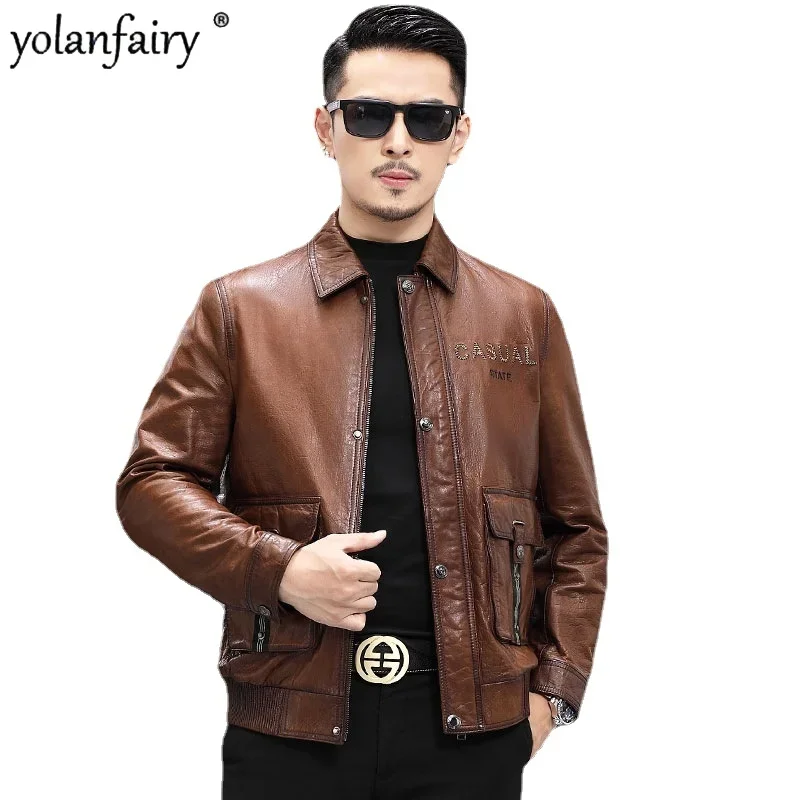 2023 Autumn New Genuine Leather Coat Men's Oil Wax Sheepskin Slim Fit Business Lapel Leather Jacket Men Clothing Fashion Abrigos