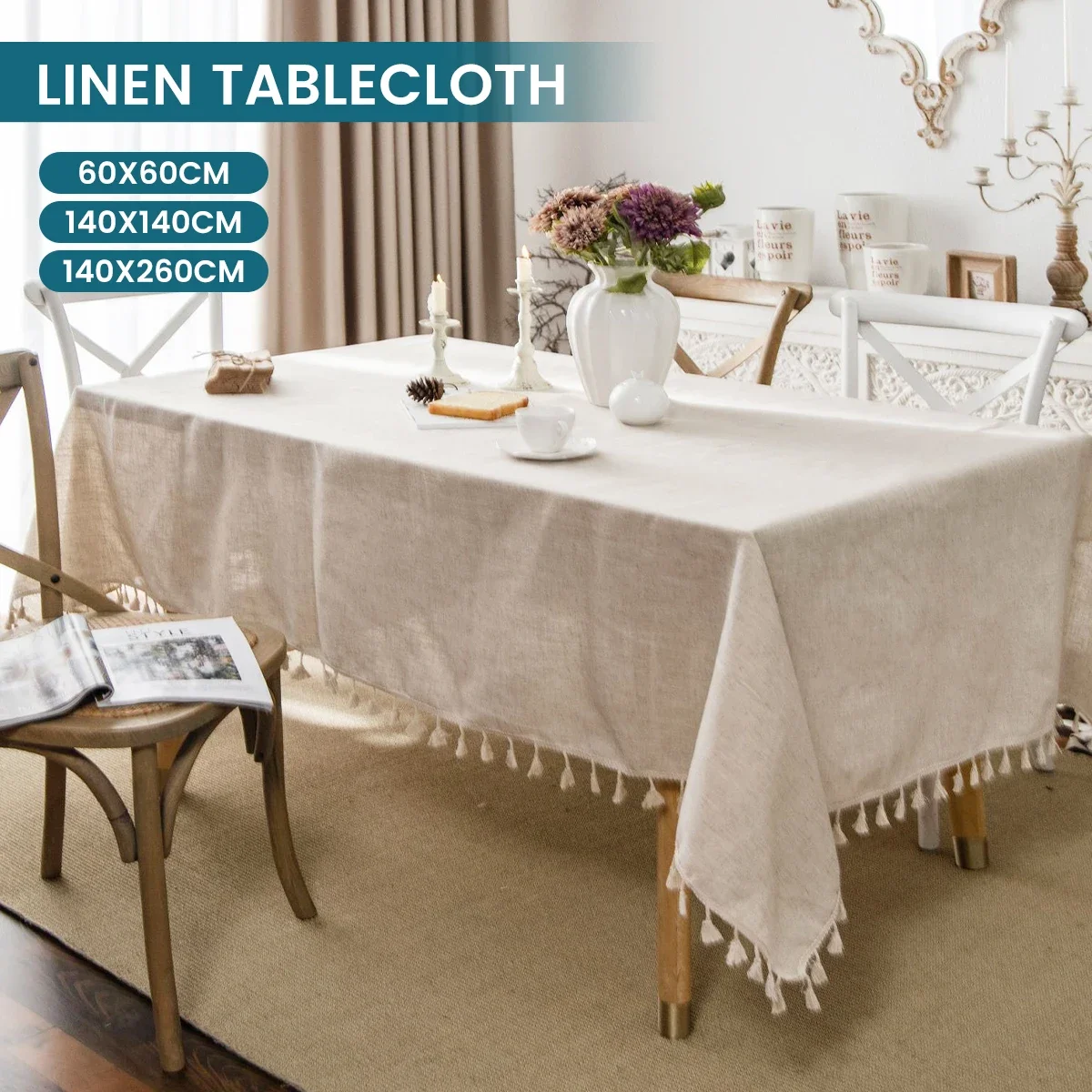 

Waterproof Table Cover Wrinkle Free Rectangular Table Cloth with Tassel Anti-Fading Outdoor Rustic Farmhouse Tablecloth for