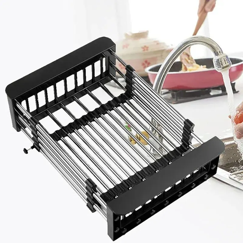 Adjustable Dish Drainer Stainless Steel Telescopic Drain Rack Fruit Vegetable Kitchen Organizer Sink Drain Perfect for Most Sink