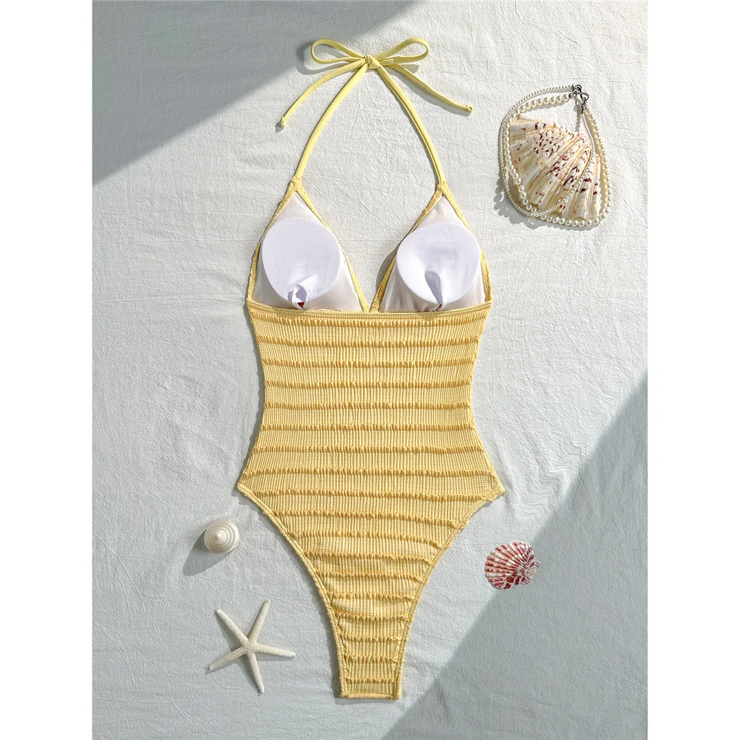 Neuer einteiliger Badeanzug mit V-Ausschnitt und Neckholder, bedruckt mit Seesternmotiv, Damen-Badebekleidung, Damen-Badeanzug mit gerafftem, hoch geschnittenem Beinausschnitt, Badeanzug, Modell V8431. – Detail 12
