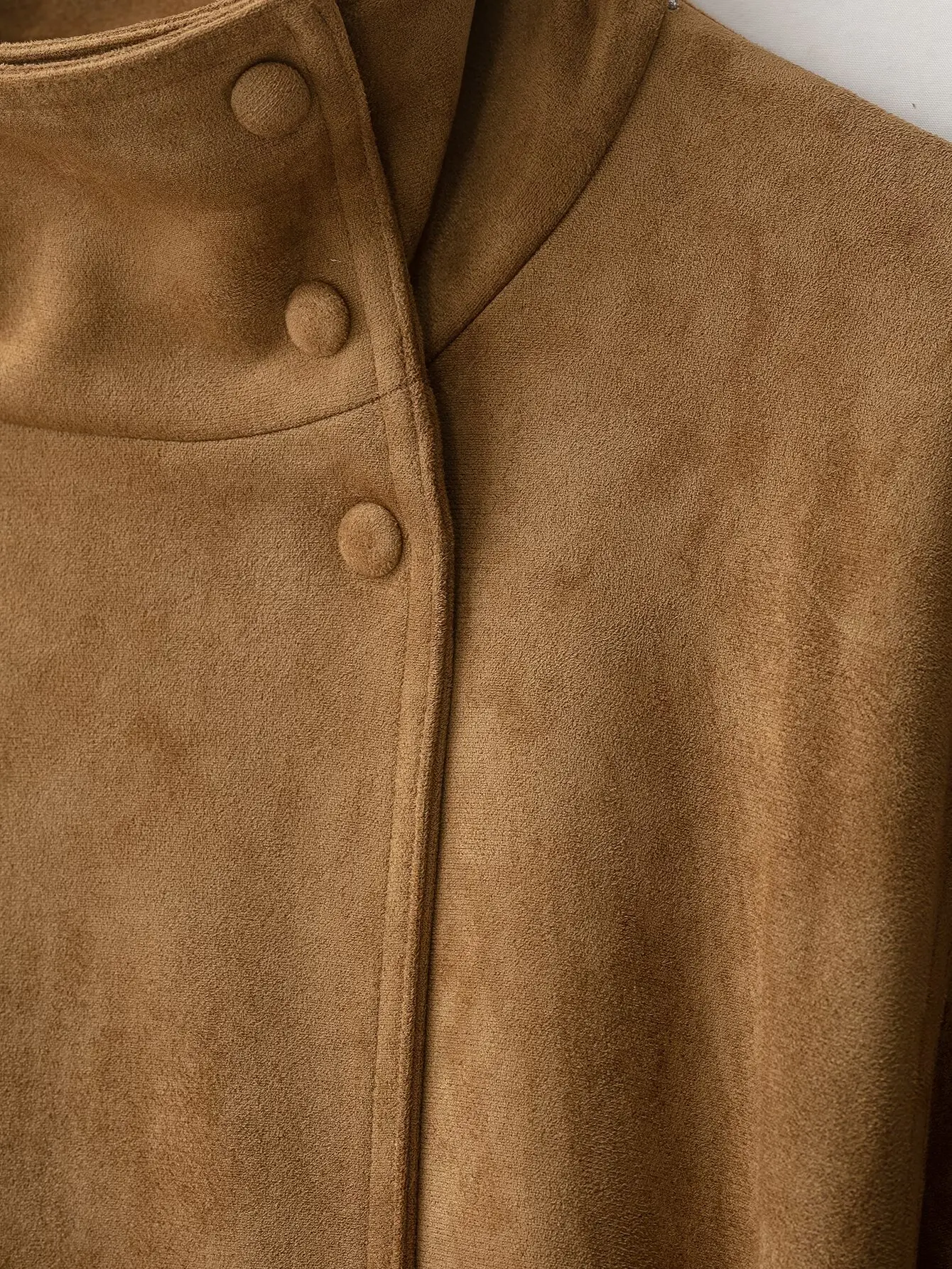 TFMLN Damen Wildlederjacke, Modischer Stehkragen, Gürtel, Locker Geschnittene Oberbekleidung, Herbst-Winter Freizeitjacke, Einfarbig, Vintage-Stil 2026 – Detail 6