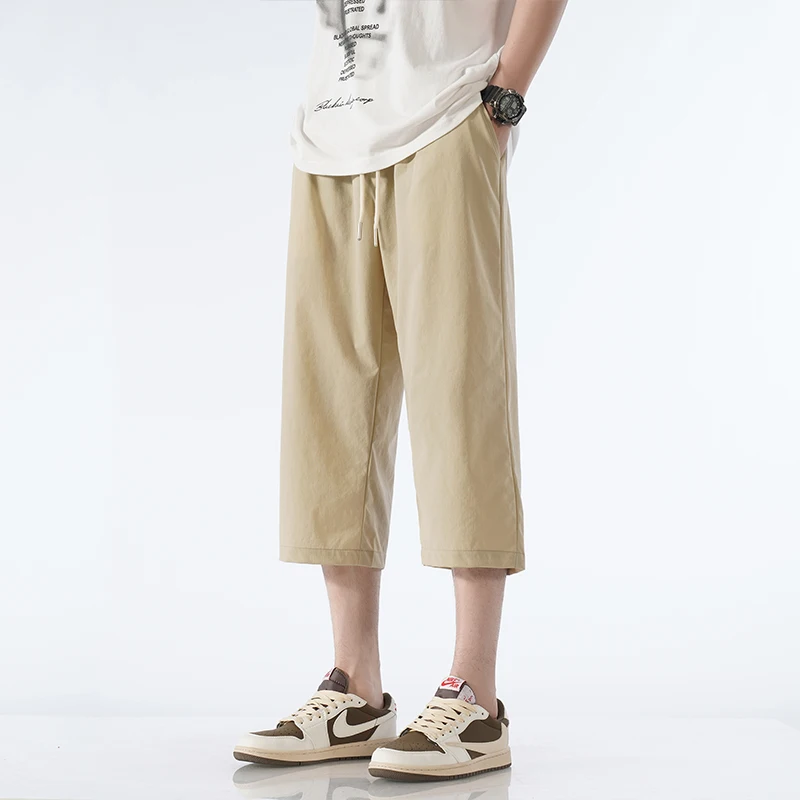 Summer thin gray, apricot, black, ice silk pants, men's quick drying sports casual cropped shorts