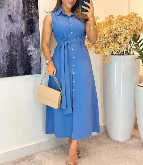 Women's 2025 New Elegant and Fashion Sleeveless Waist Shirt Dress,Self - Tie Belt,Suitable for Formal & Casual Occasions