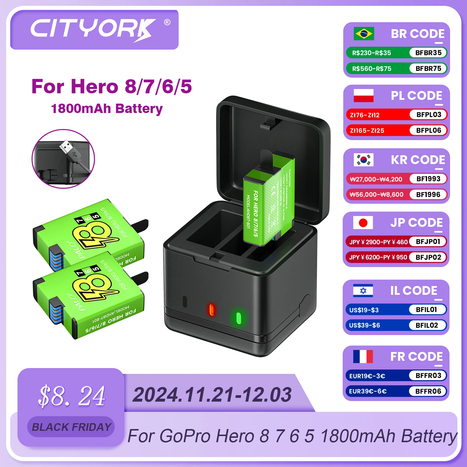 CITYORK For GoPro Hero 8 7 6 5 1800mAh Battery  Li-ion Battery Pack +3 Slots Smart Battery Charger For GoPro Hero 8 7 6 5