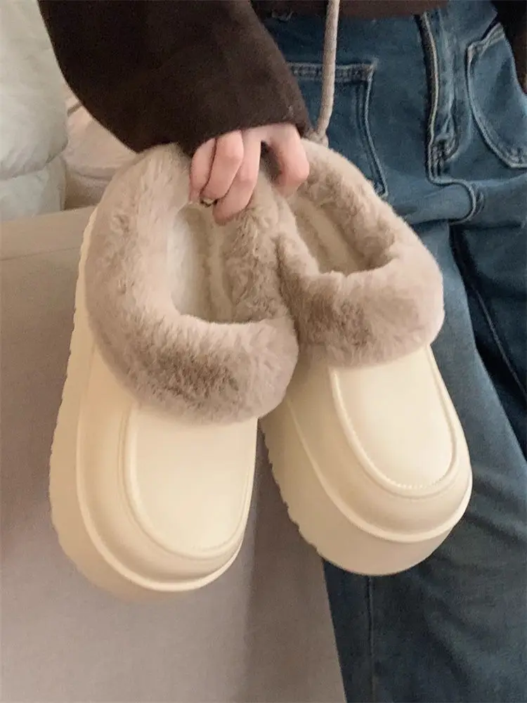 

New versatile women's fur sandals high heels platform fur slides woman elevator shoes outdoor wateproof winters cotton slippers