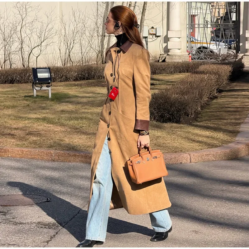Kunstleder-Patchwork-Wildleder-Taillenbetonte Lange Mäntel für Damen, Street-Style, Reverskragen, Vollarm, Paneelierte Schlanke Jacken, Schicke Damen-Oberbekleidung – Detail 14