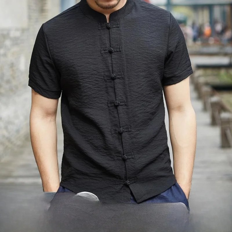 

Мужская приталенная рубашка с воротником-стойкой на пуговицах, тонкая, из полиэстера, весенняя, молодежная, повседневная, однотонная