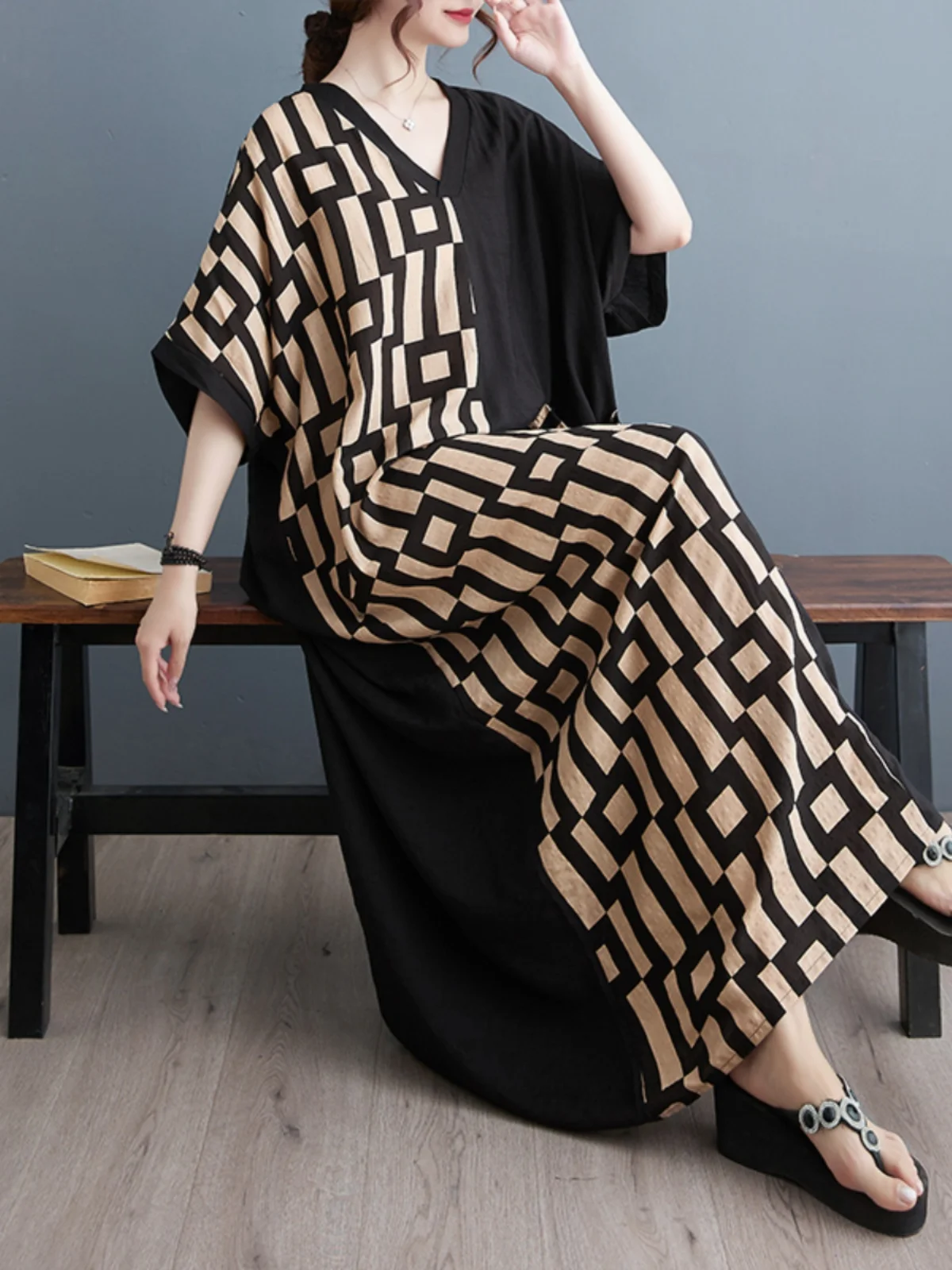 Été nouvelle grande taille minceur V-Ne ort Sve Patchwork longue coton lin Dr Bla jupe trapèze trajet Sle T-shirt...