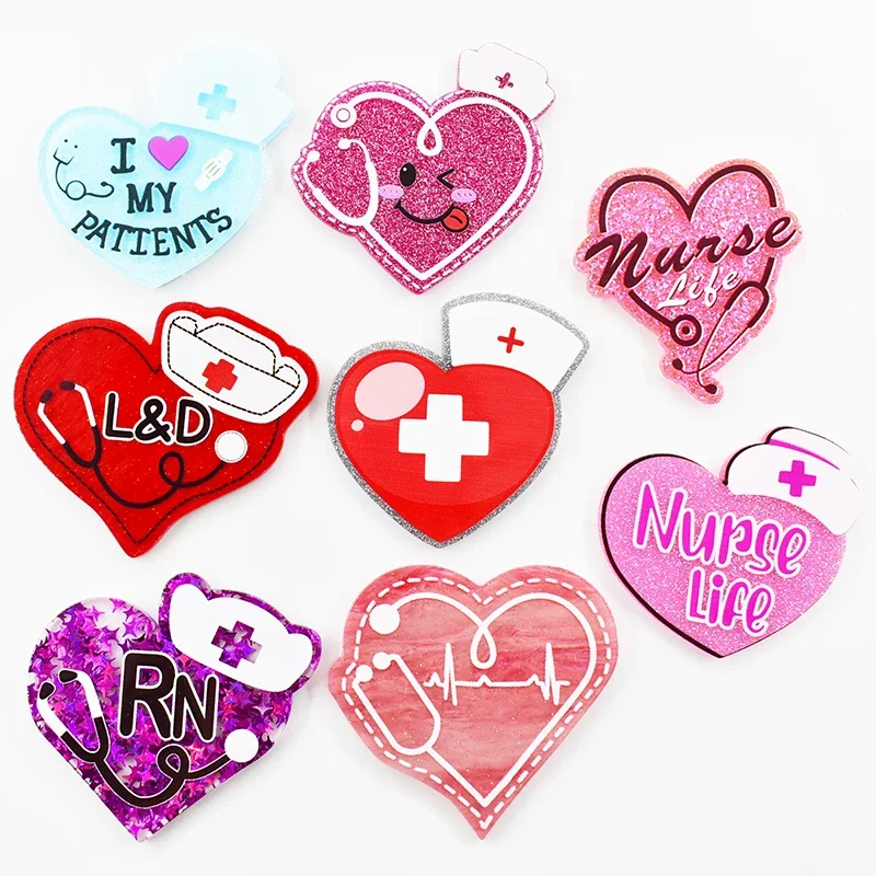 10PCS Nurse Cup RN Heart Stethoscope Love Glitter Acrylic Charms Pendant Fit DIY ID Card Badge Holder Jewelry Making Worker Gift