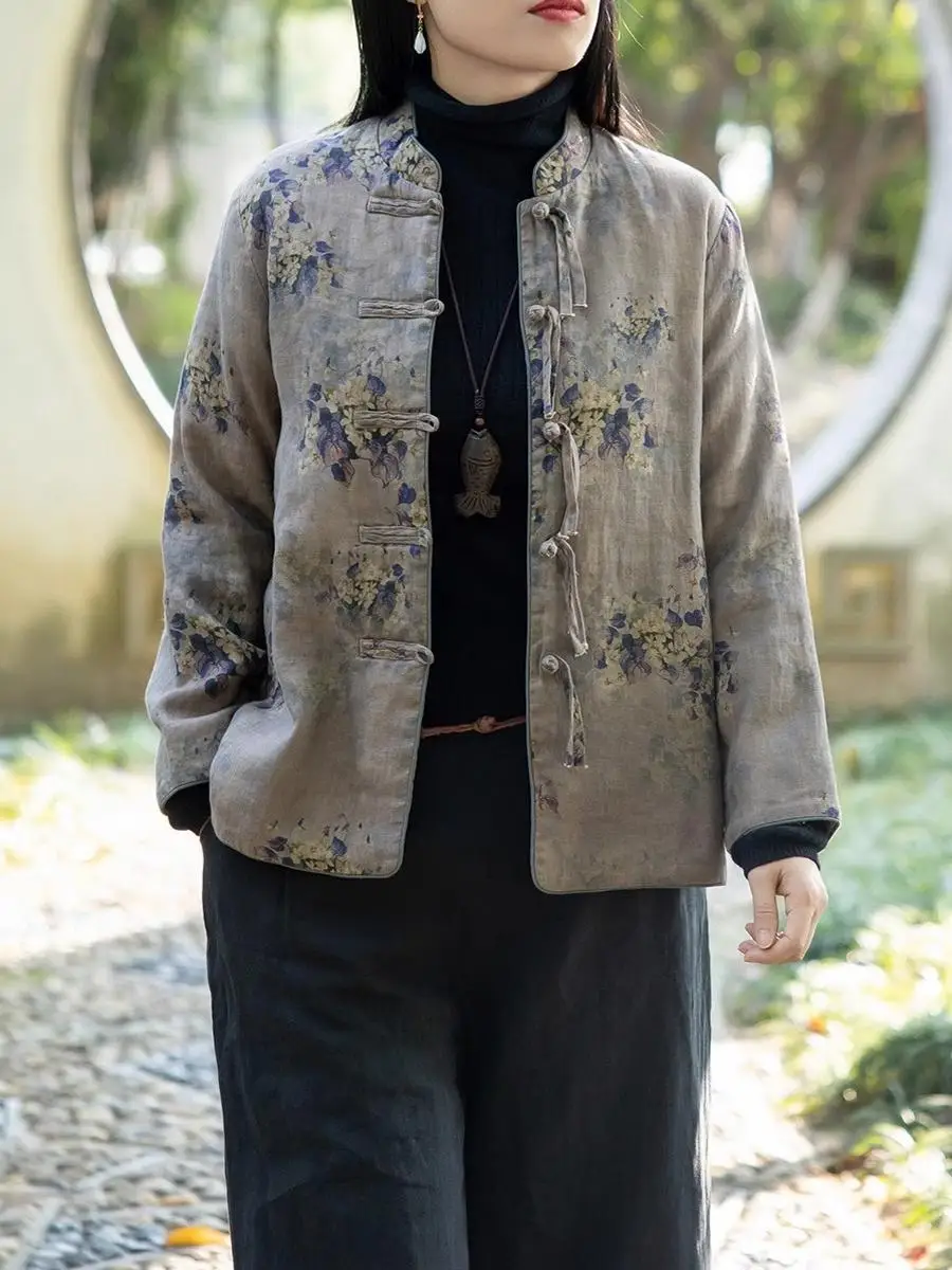 

Новая женская куртка в стиле ретро с принтом, осенне-зимняя, в китайском национальном стиле, с пуговицами, воротником-стойкой, теплая хлопковая одежда