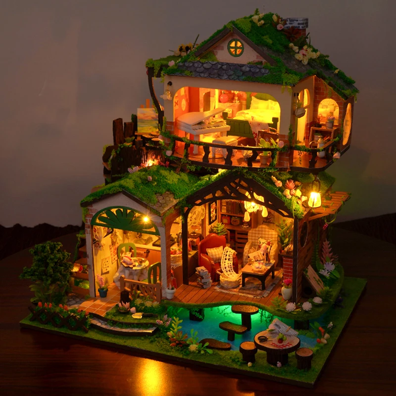 Kit modello in miniatura in legno fai-da-te Foresta Fiaba Villa Puzzle 3D Case delle bambole con luci per mobili per regali di compleanno di amici