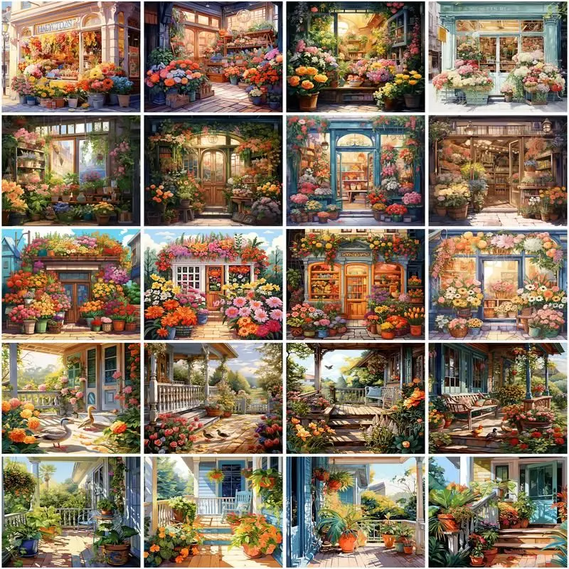 

CHENISTORY 40x50cm Painting By Numbers Scenery of Flower Shop Coloring By Numbers On Canvas DIY Home Decoration DIY Gift