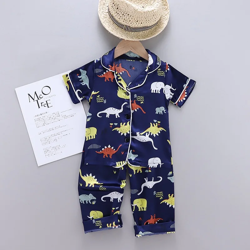 Little Boys 2 Piece Short Pajamas Dinosaur Print Sleepwear Toddler Dinosaur Pjs Summer Kids Short Sleeve Blouse Tops+Sleep Pants