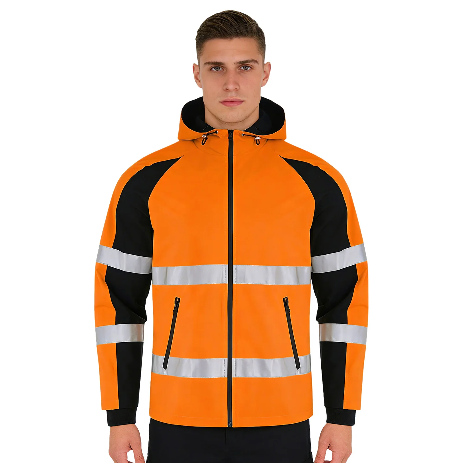 

Men Long Sleeve Hi Vis Reflective Waterproof Safety Hooded Jacket Construction Sanitation Traffic Control Work Coat Workwear