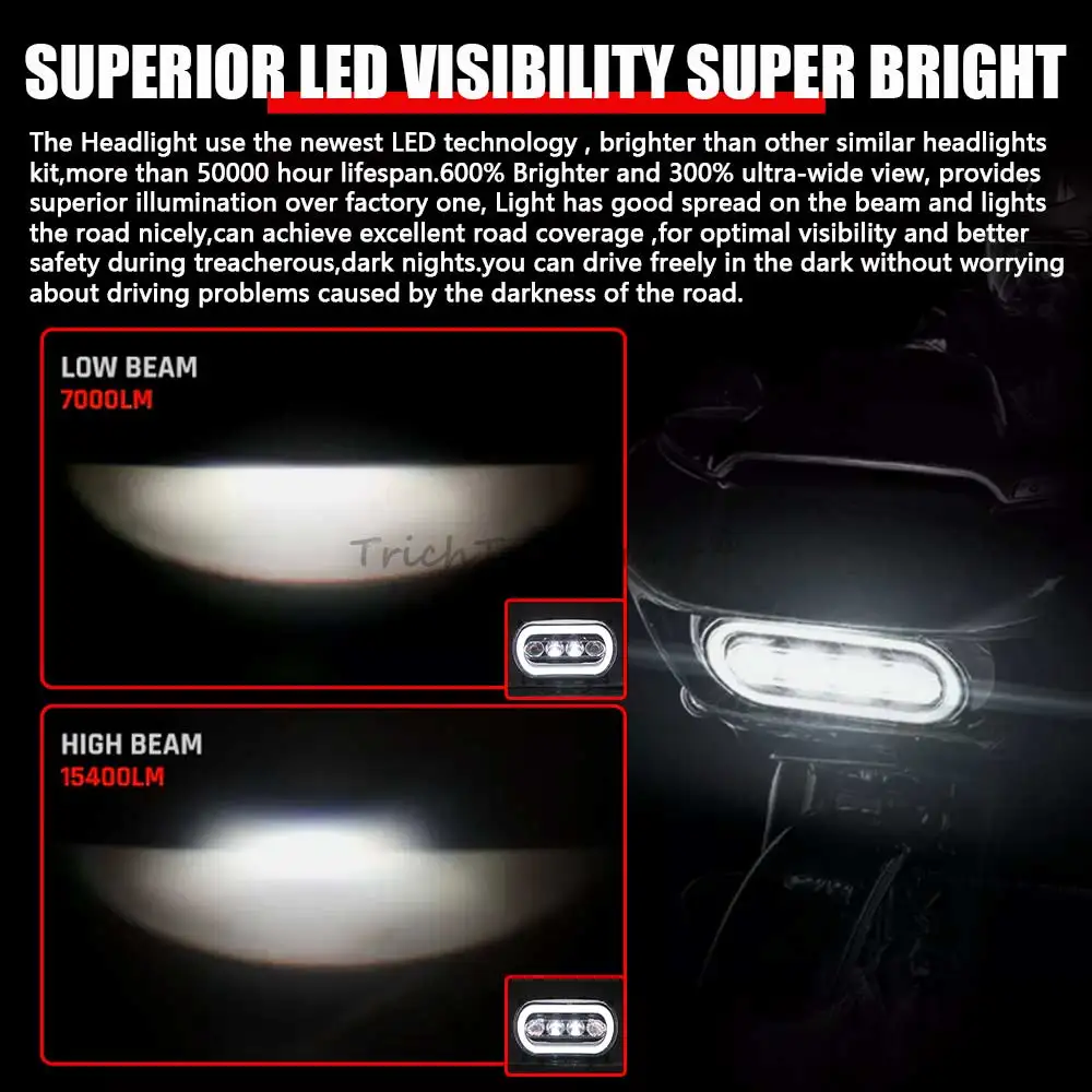 Motorcycle 7'' LED Front Headlight Headlamp High/Low Beam White DRL For Harley Touring Road Glide 2015-2024