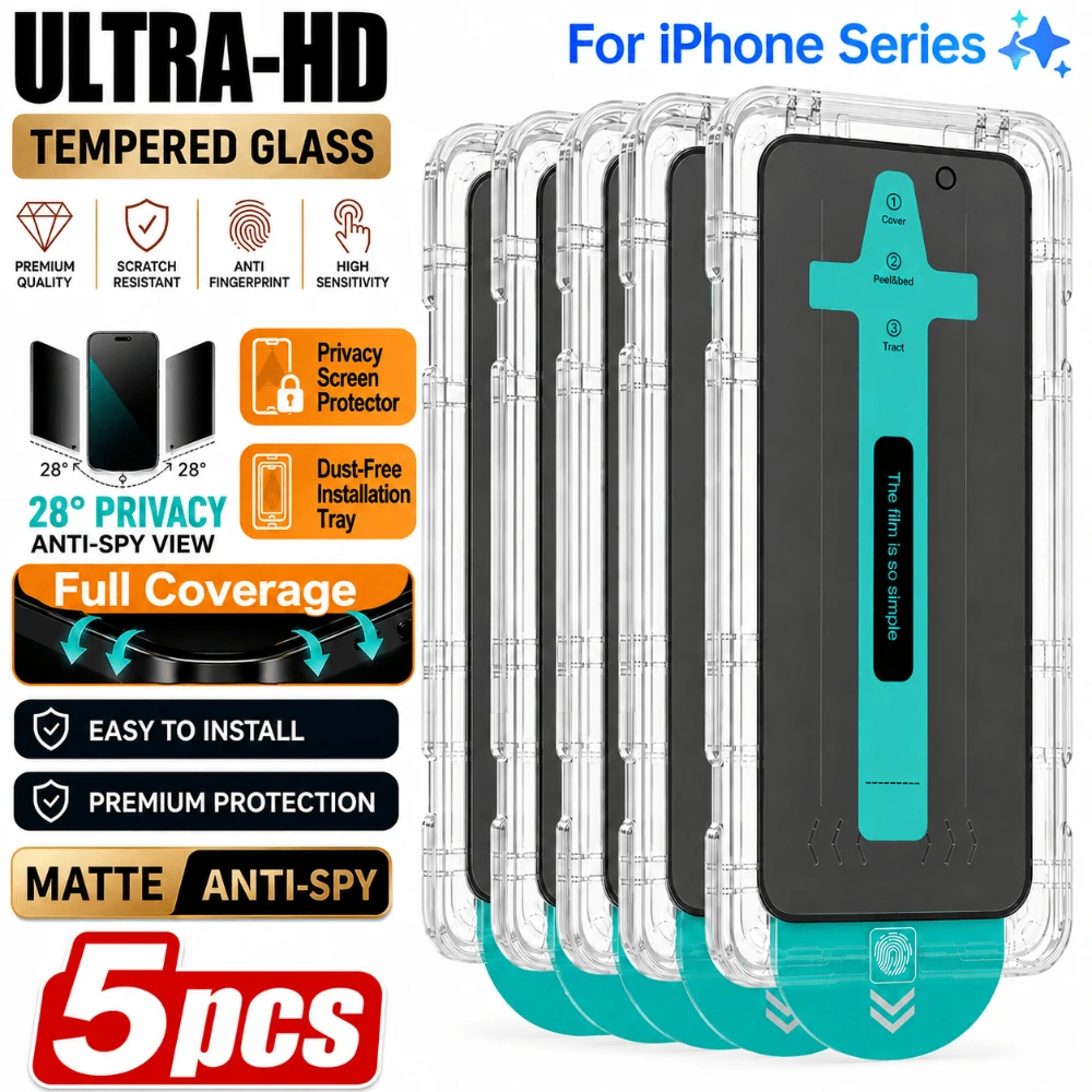 NNBILI 5 Stück staubfreie Installationsschale, mattierter Blickschutz-Displayschutz für iPhone 18 17 16 15 14 13 12 11 Pro Max 18, blendfrei
