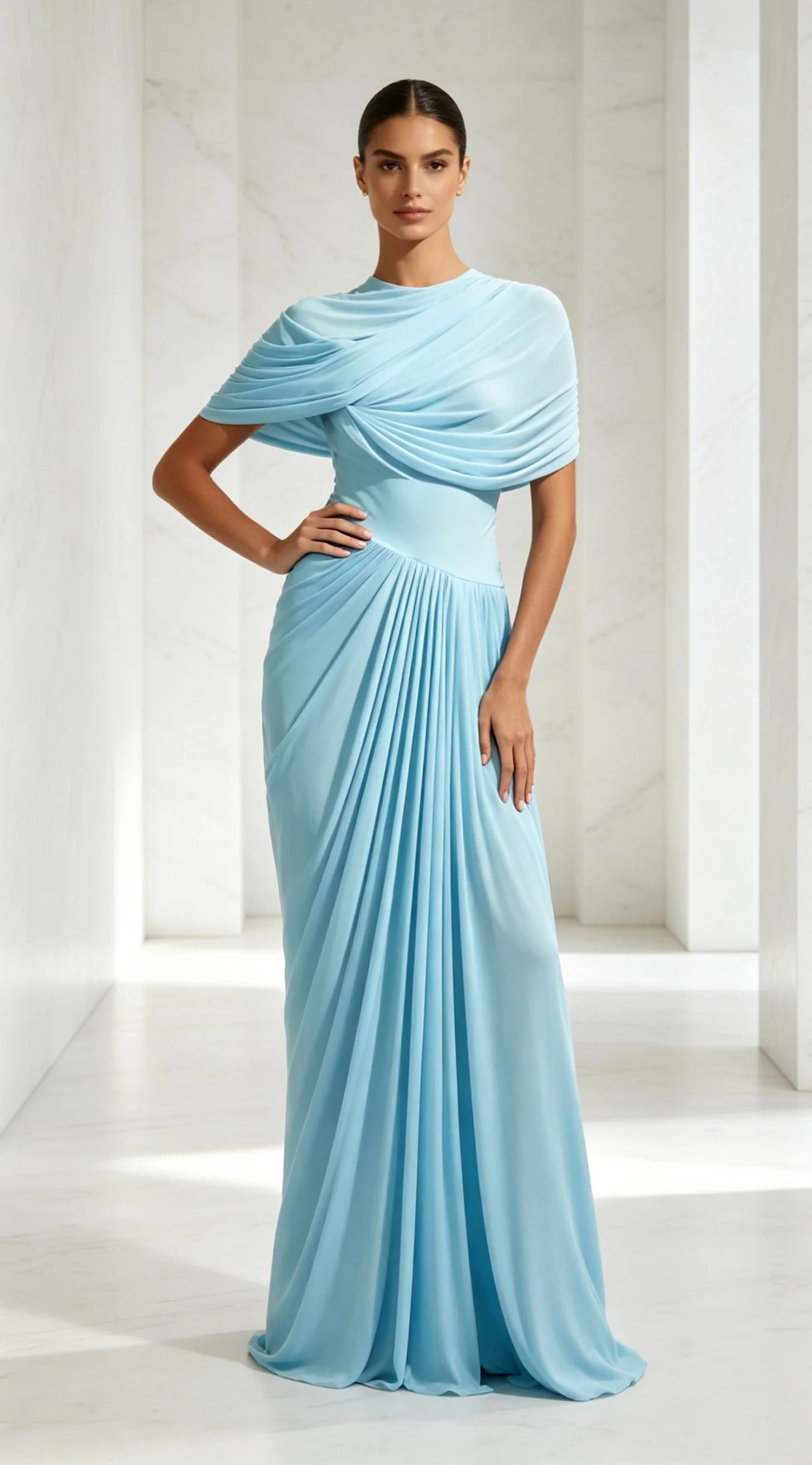 French high-end light luxury shawl design with pleated sloping shoulders, casual solid color long skirt