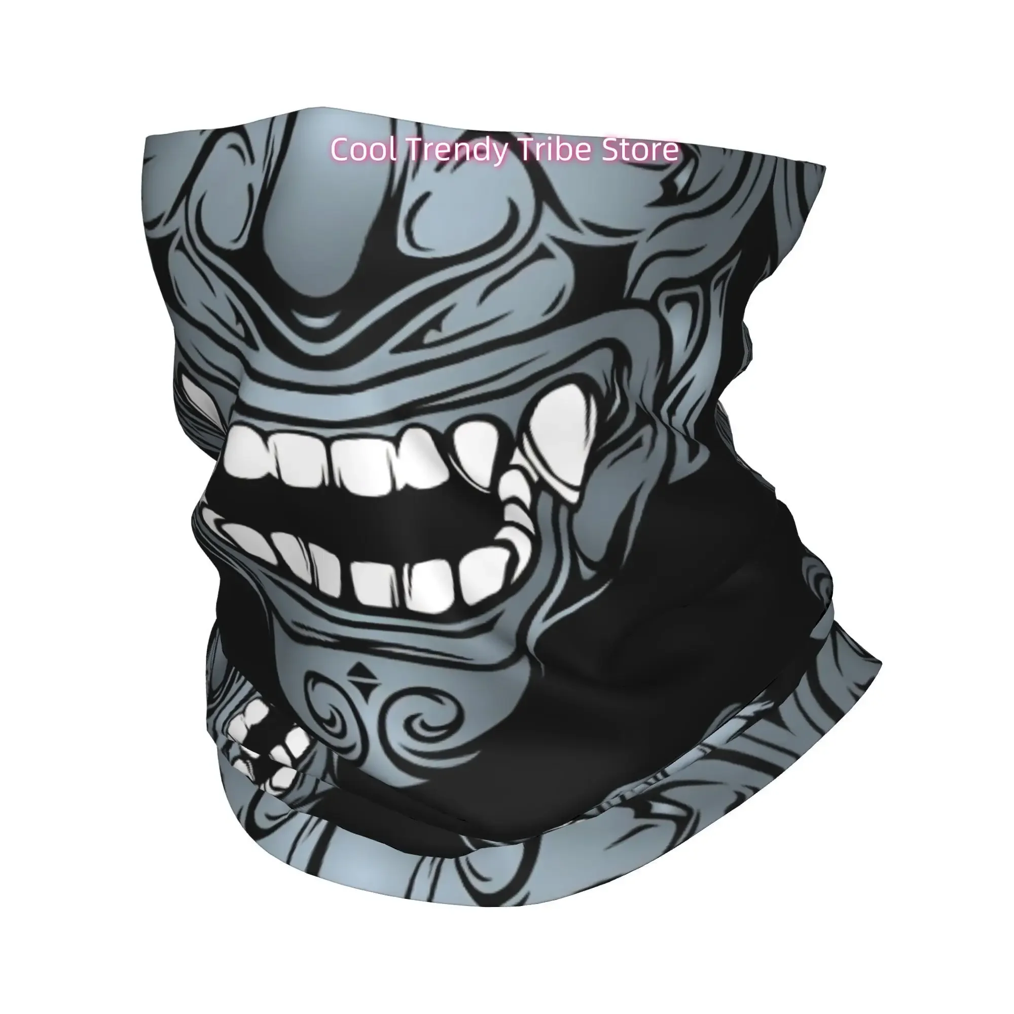 Novelty Print Bandana Featuring a Silvery Tribal Fang Mask in Polynesian Tiki Style, Perfect As a Humorous Headscarf for Men And