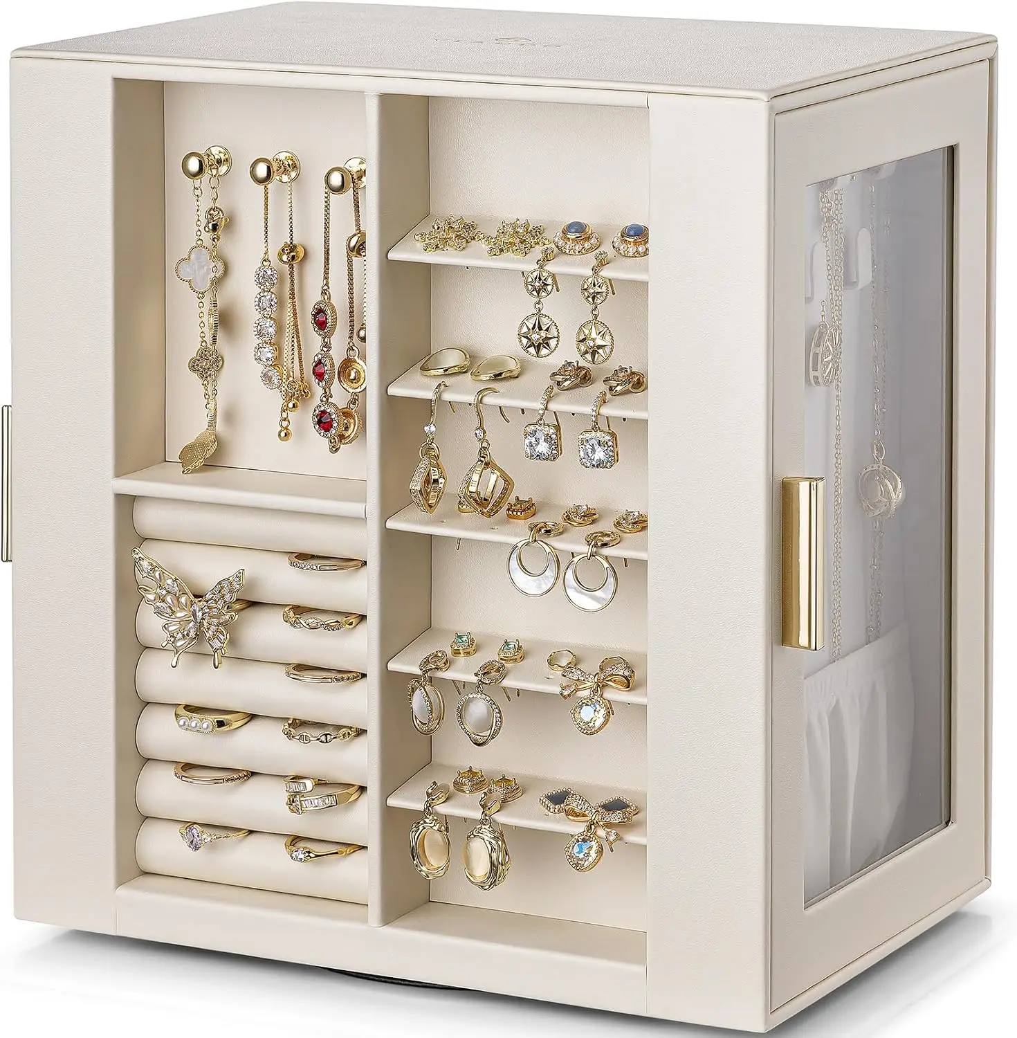 360 Rotating Jewelry Box with 5 Drawers, Large Jewelry Storage with 2 Glass Window, PU Leather Jewelry Organizer for Bracelets, Necklaces, Earrings, Rings - Cloud White