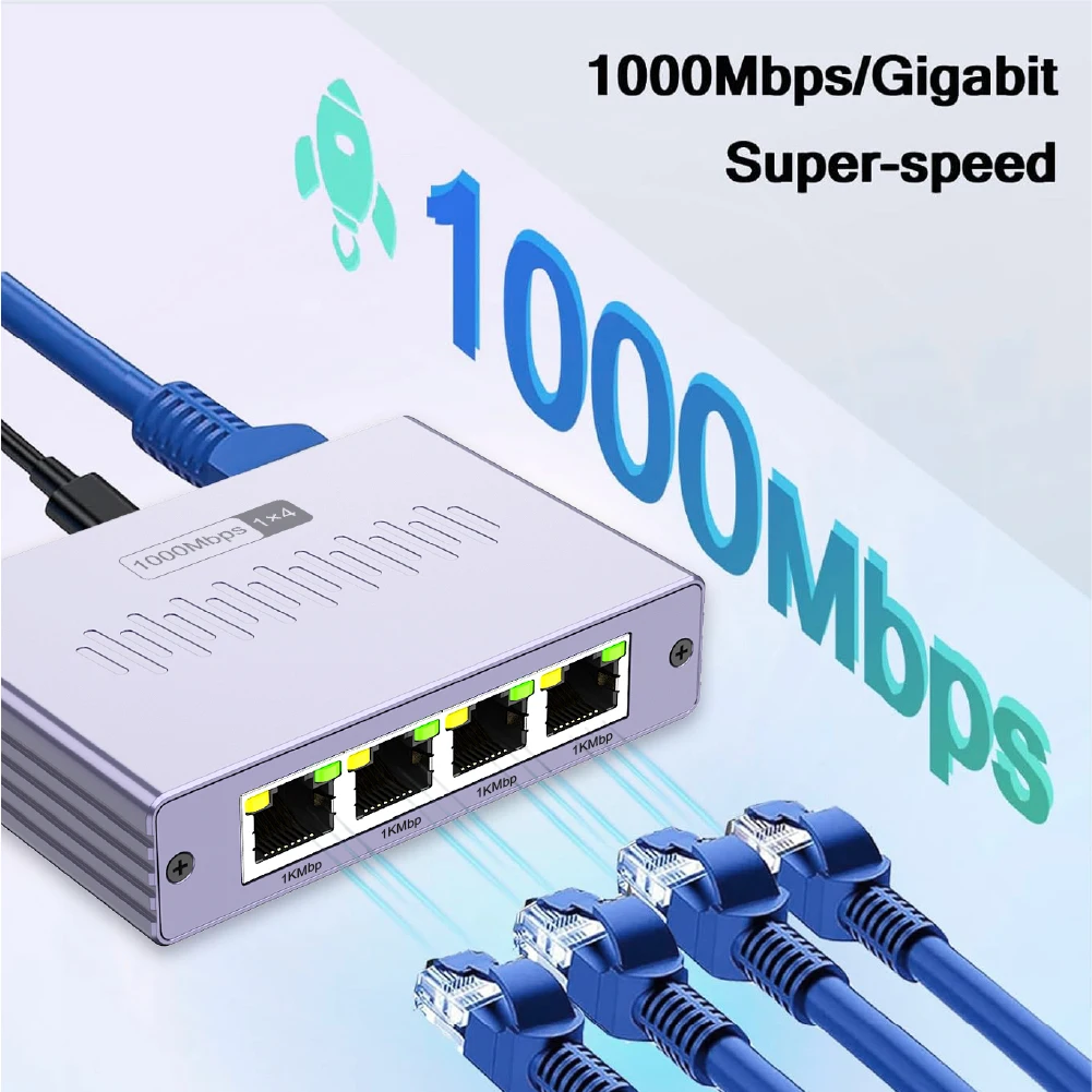 1-to-4 Gigabit Network Splitter with 1000Mbps, Aluminum Housing, Indicator Lights and USB-C Power for Laptop Desktop Home Purple