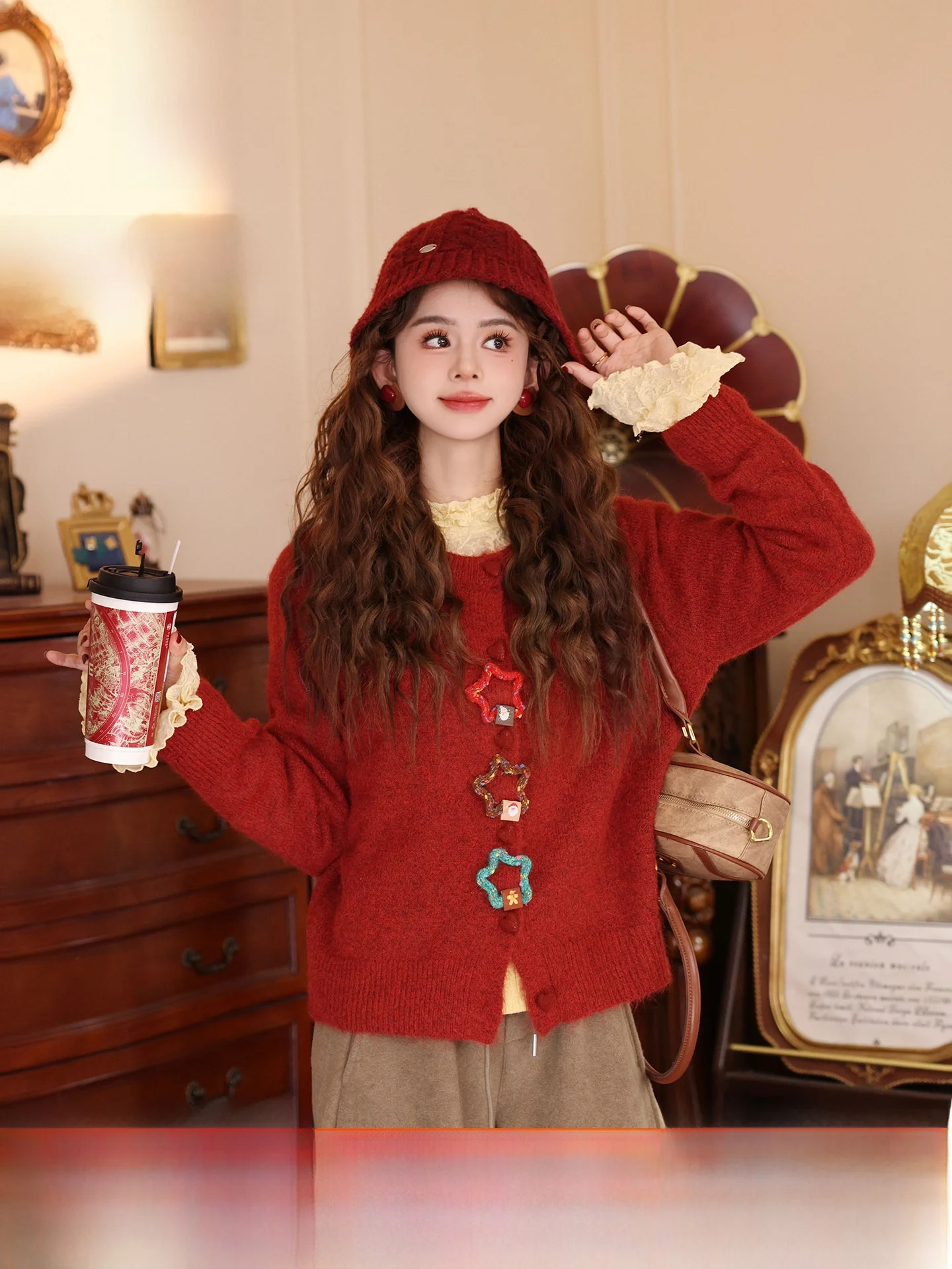 

Red Knitted Loose round Ne Sweater Women's Autumn Winter Cardigan Coat Soft Polyester Fiber Vintage Sle Star Button