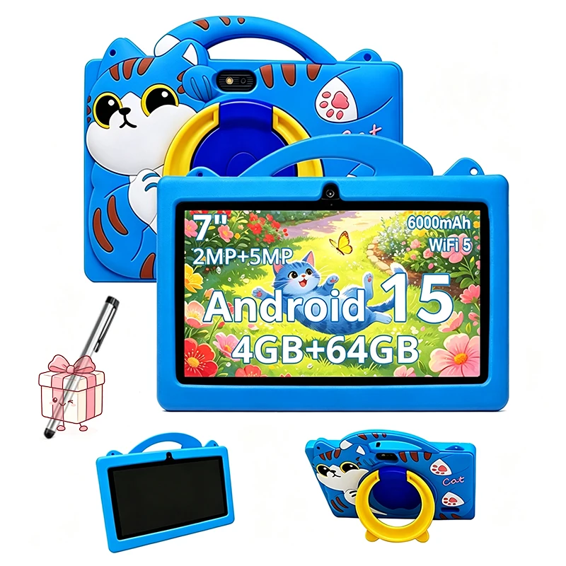 2026 Upgraded Version Android 15 Tablet for Kids 7 inch 4GB+64GB Octa-Core with Case and Stylus Pen for Children