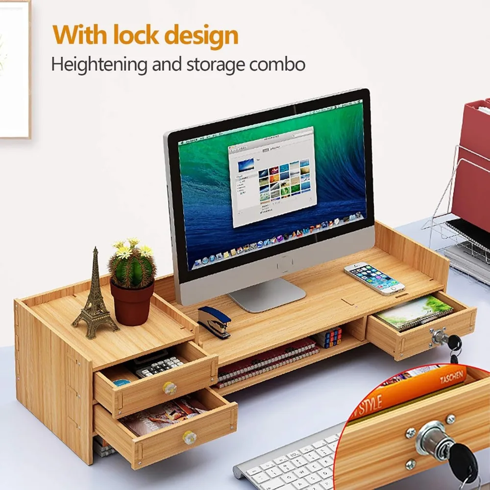 

Tabletop Monitor Stand w/3 Drawers Two top Platforms Desk Organizer with Storage Desktop Computer Stand for PC Laptop