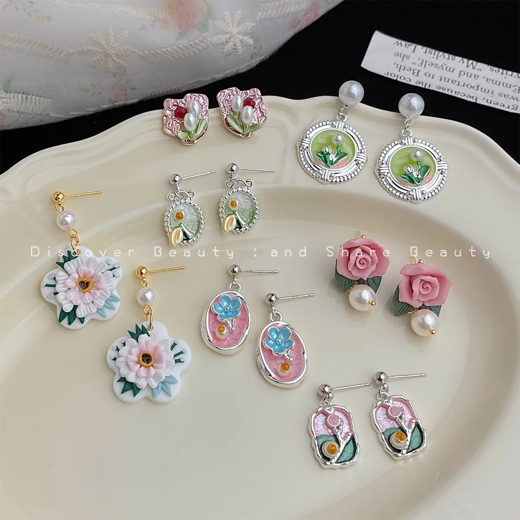 

DIY accessories Literary and retro oil painting flower earrings enamel oil drop pearl earrings French sweet and elegant temperam