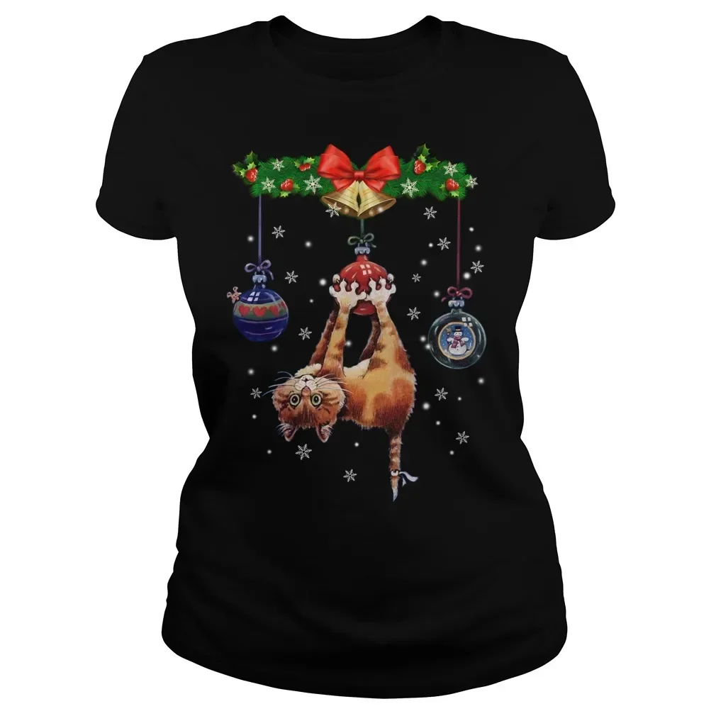 Merry Christmas Funny Cat Christmas Gift T-Shirt 100% Cotton O-Neck Short Sleeve Summer Casual Womens T-shirt Xmas Streetwear