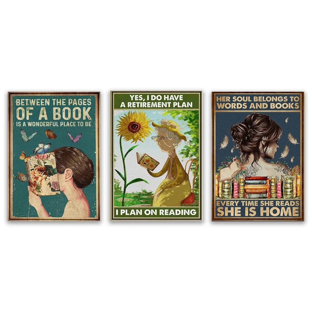 Loves to read, between the pages is a good place, her soul belongs to words and books every time she reads, retro book poster,