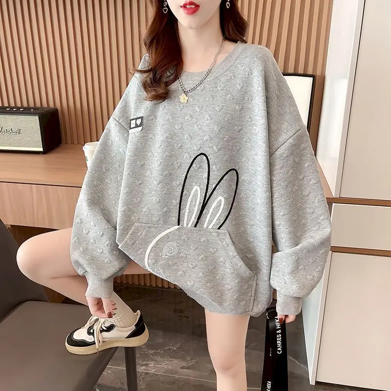 Rabbit Design Pullovers Women Casual Loose Thin Tops Spring Autumn Trend Pocket Pullover Fashion Cute Sweatshirts Y2k Clothes