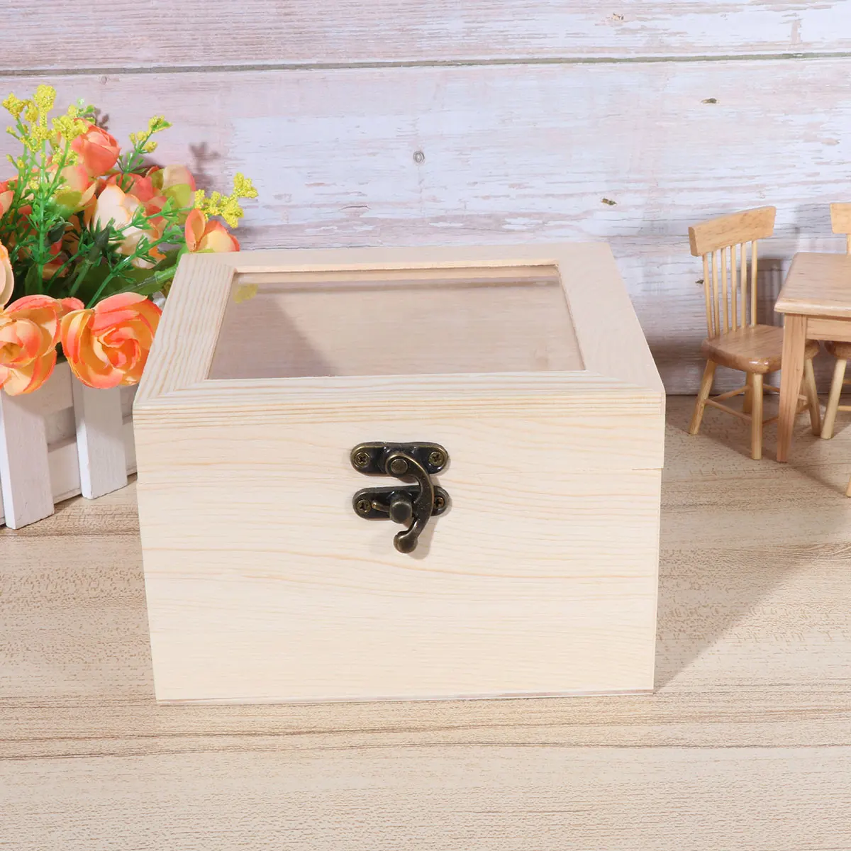 

Everlasting Flower Wooden Box Handcrafted Rustic Gift Case for Women DIY Decorative Storage Box Unfinished Surface 15x15x10cm