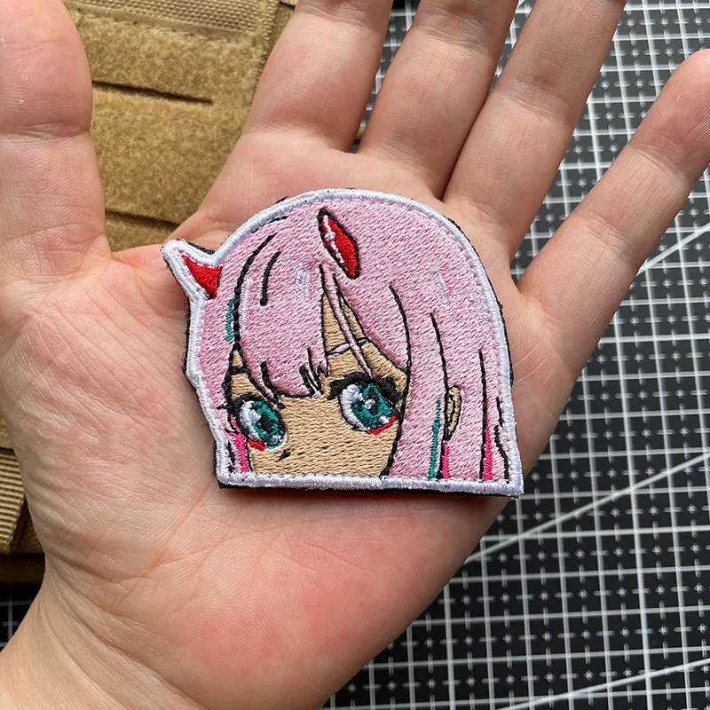 Anime Two-dimensional Girl Embroidery Patch Pink Hair Horn Girl Badge Outdoor Tactical Bag Stickers DARLING IN THE FRANXX 02