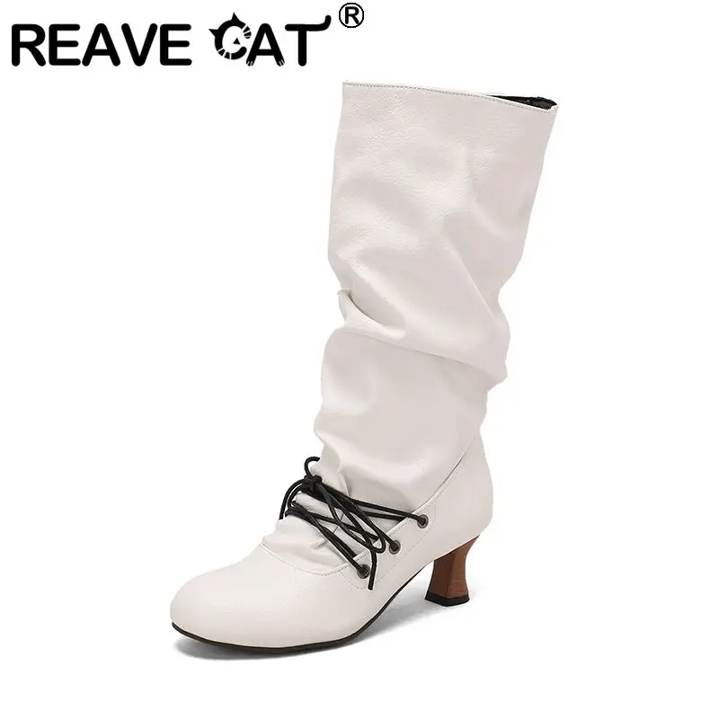 

REAVE CAT 2025 Модные женские сапоги до середины икры с круглым носком Необычные каблуки 5,5 см без шнуровки на шнуровке Большие размеры 48 49 50 для свиданий Вечеринка