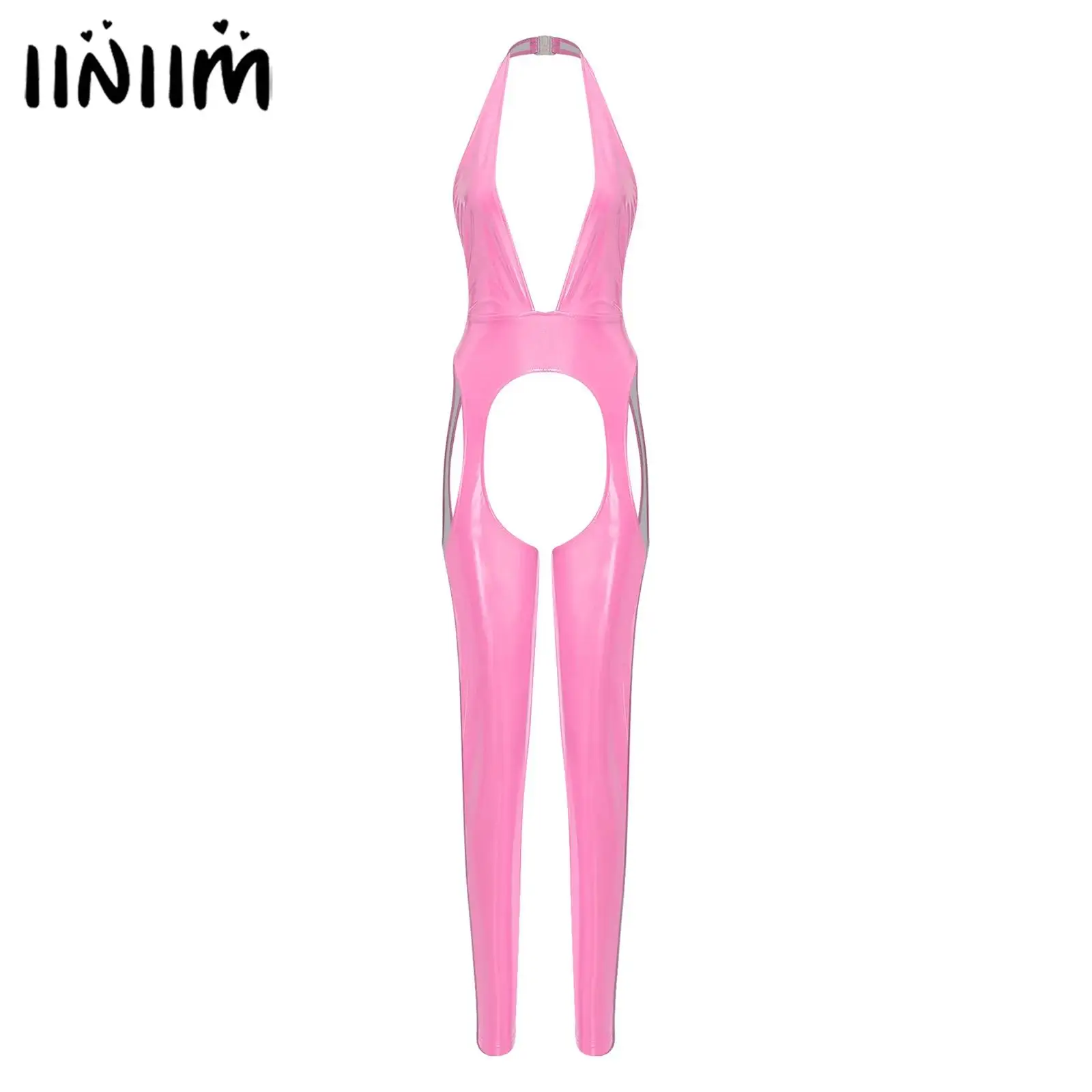 

Women Glossy Latex Jumpsuit Clubwear Halter Deep V Neck Hollow Out Crotch Leggings One-piece PU Leather Bodysuit Catsuit Costume