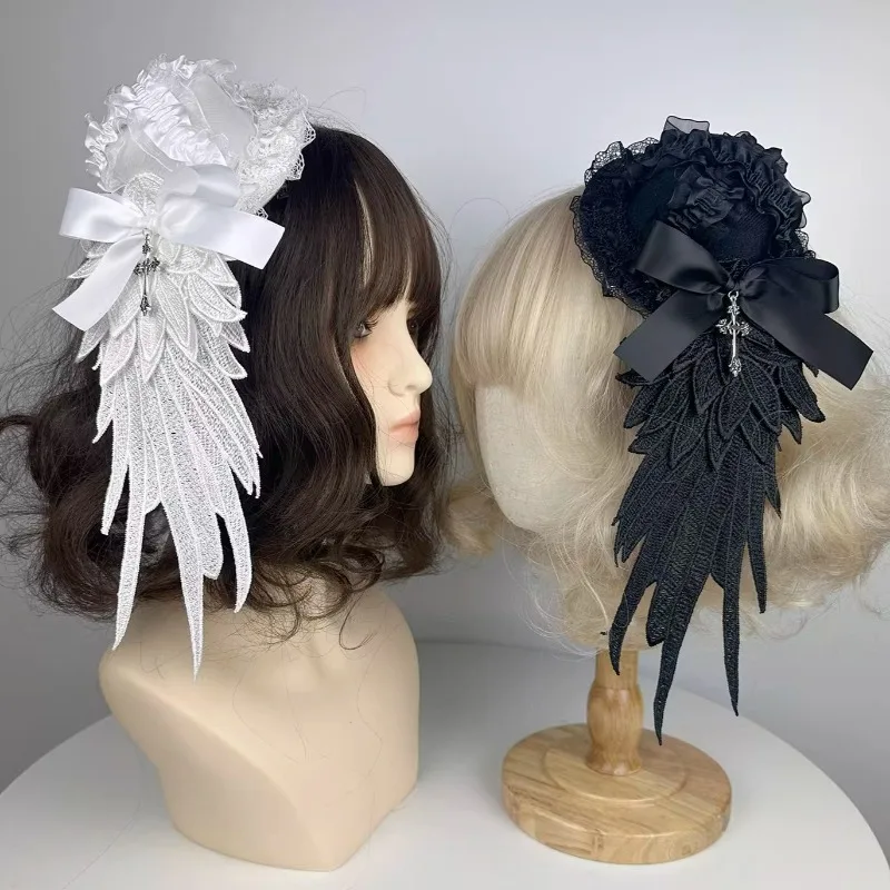 Versatile Lace Veil Headband Lolita Subculture Angel's Wings Hair Accessory with Cross Decor Party Sweet Bow Gothic Headpiece