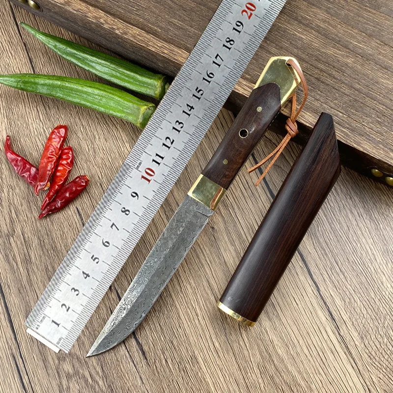 

Y-START Damascus steel Blade Ebony + copper head Handle Wooden sheath scabbard Survival Hunting Knife-NS8488