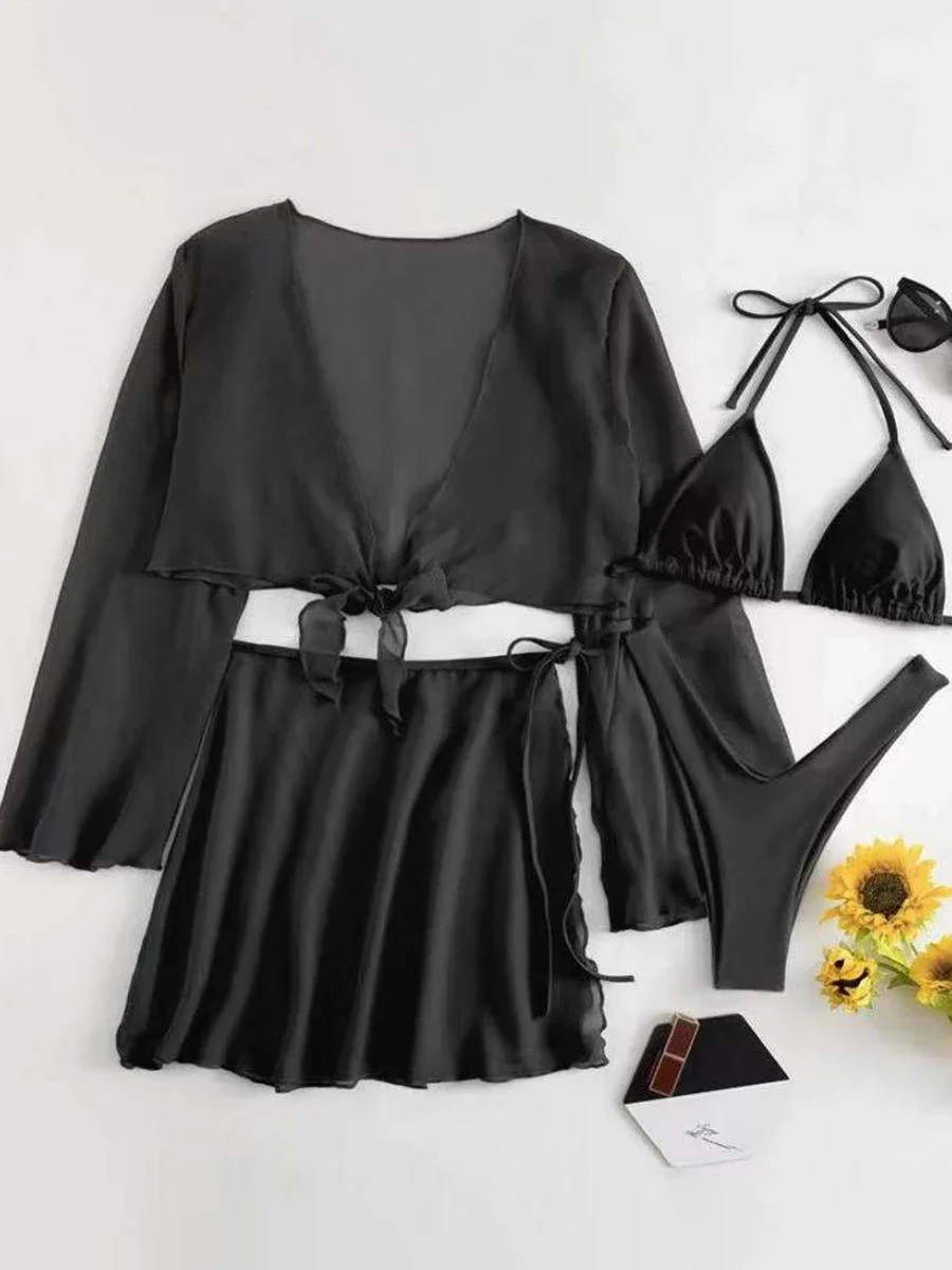 Bikini con Tanga de 4 piezas para mujer, traje de baño negro con Top y vestido, traje de baño femenino con cuello Halter, ropa de playa, traje de baño de verano 2024