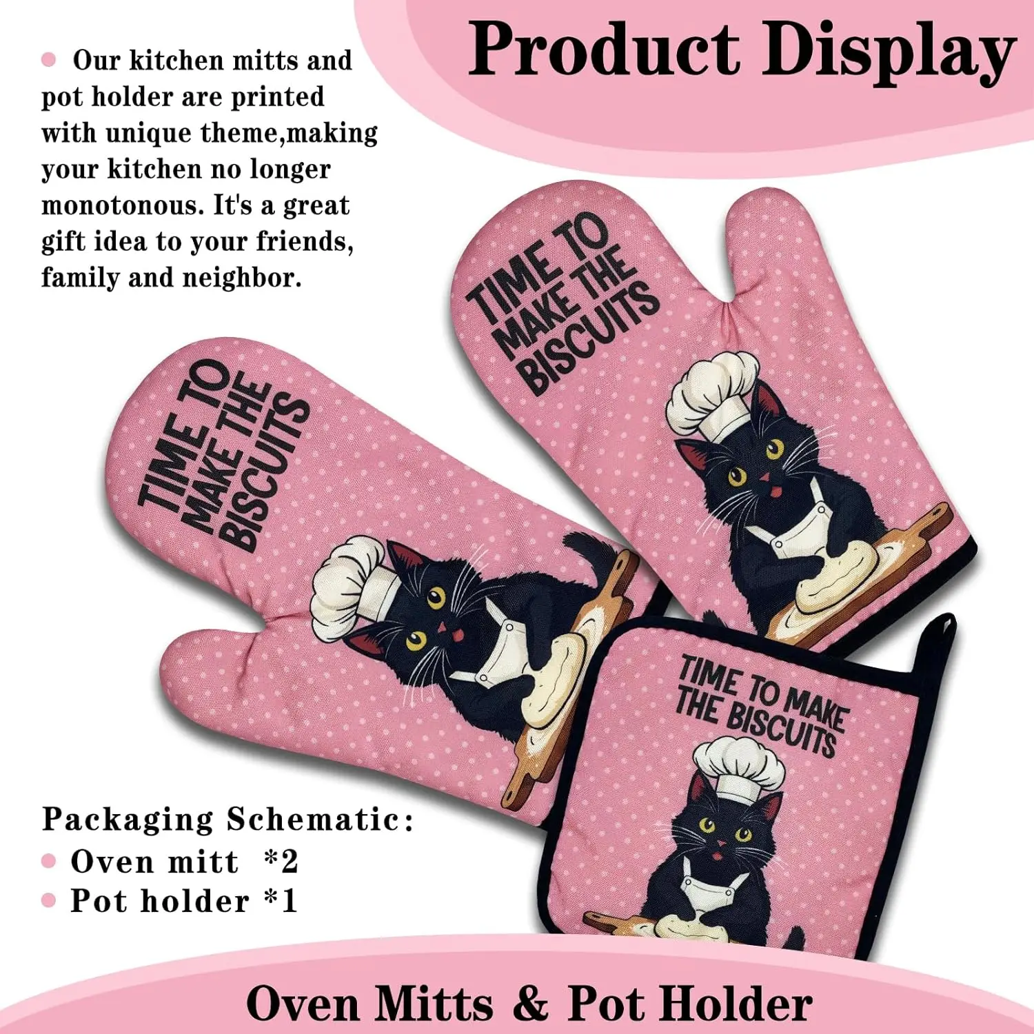 Funny Black Cat Oven Mitts and Pot Holders Set of 3, Time to Make The Biscuits, Heat Resistant Non-Slip Kitchen Mitts Hot Pad