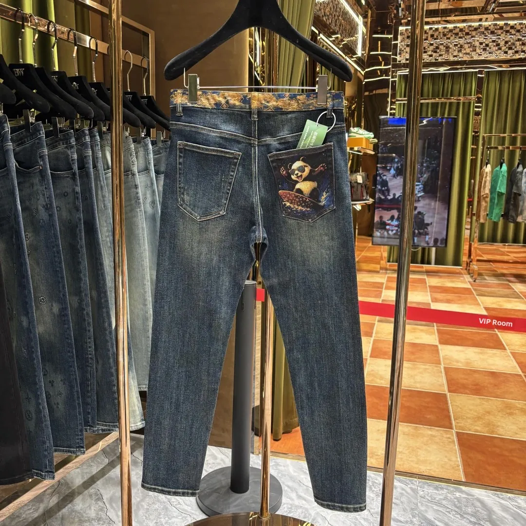 

Retro American Sle Blue Straight Leg Men's Jeans Panda Surfing Casual Long Trousers Cotton Polyester Blend Wear Resistant