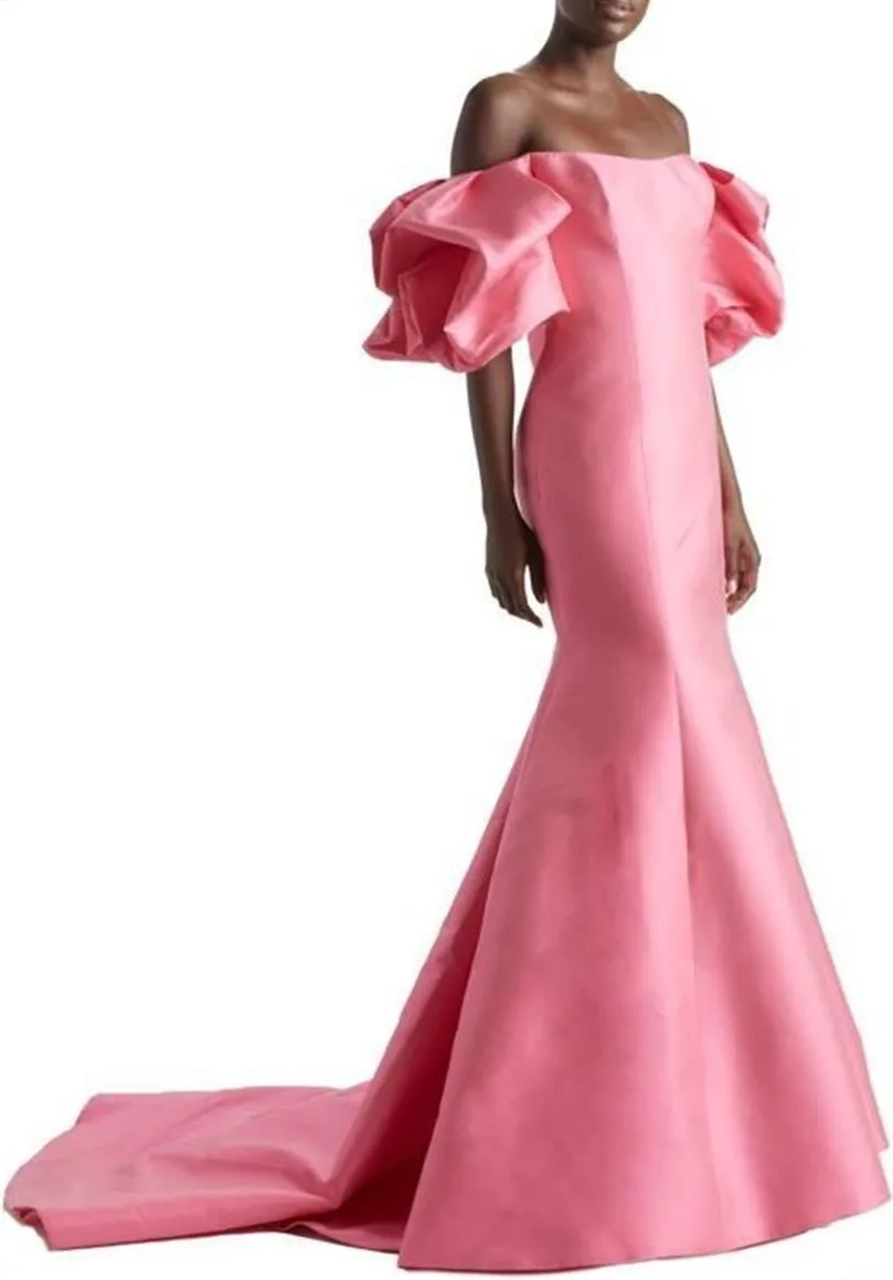 Aangepaste Lange Roze Avondjurken Taft Ruches Zeemeermin Strapless Pwida 978-5 Fermuar Sweep Trein Galajurken voor Vrouwen