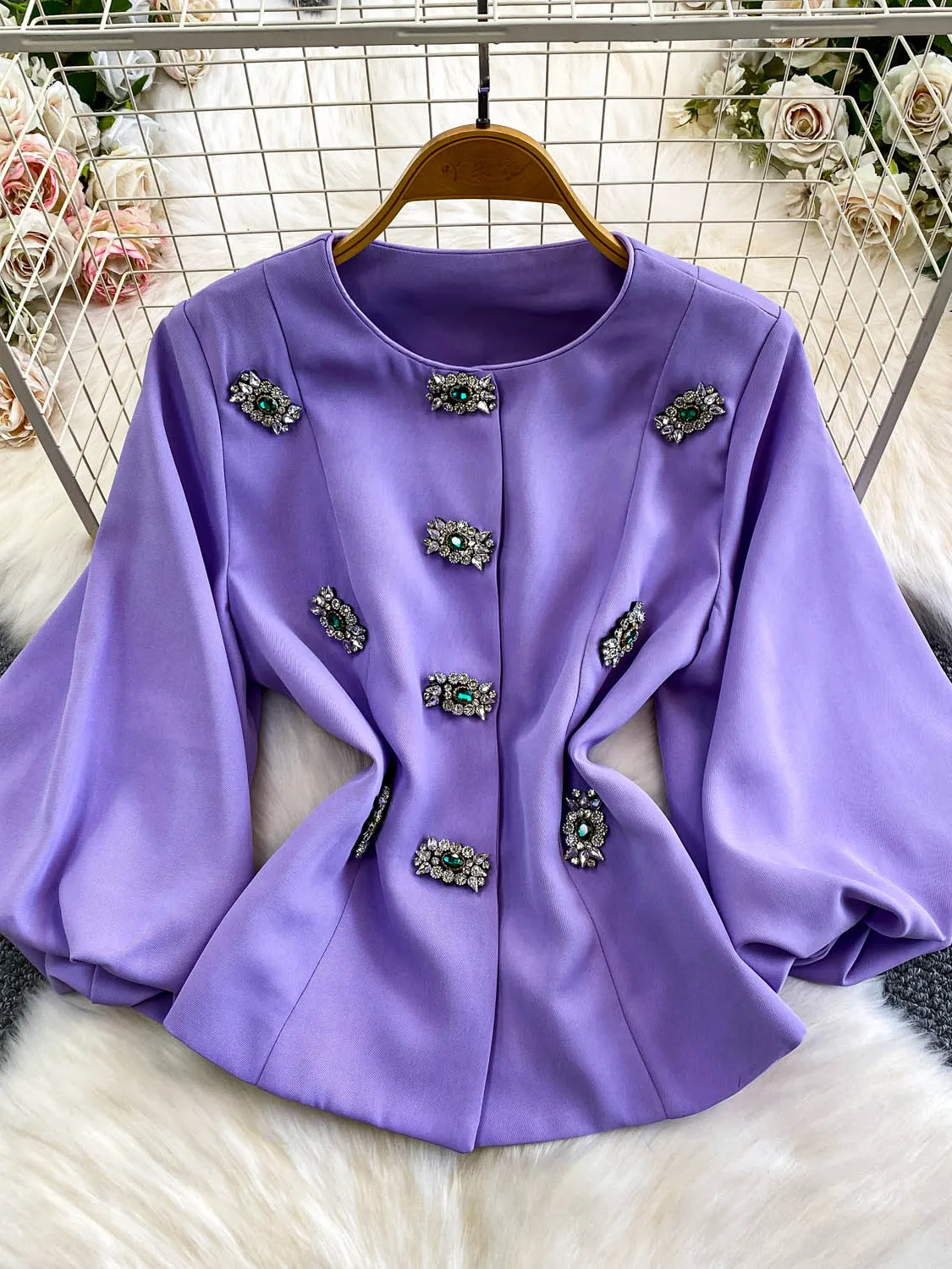 

Ele round Ne Lantern Sve Diamond Embedded Heavy Work Jaet Women's Autumn Winter Commute Unique Design Top