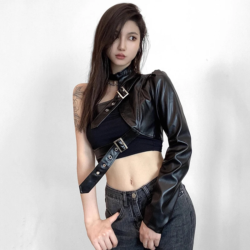 REDDACHiC Deconstructed Black Leather Shrug Jacket Women Steampunk One Shoulder Asymmetrical Cropped Coat Retro Y2k Streetwear