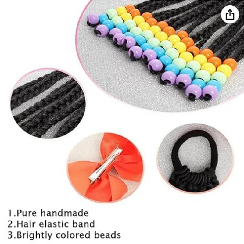 Kids Ponytail With Beads Braids Hair Extension Detachable  Curly Hairpieces With Bows Protective Easy Hairstyle For Girls