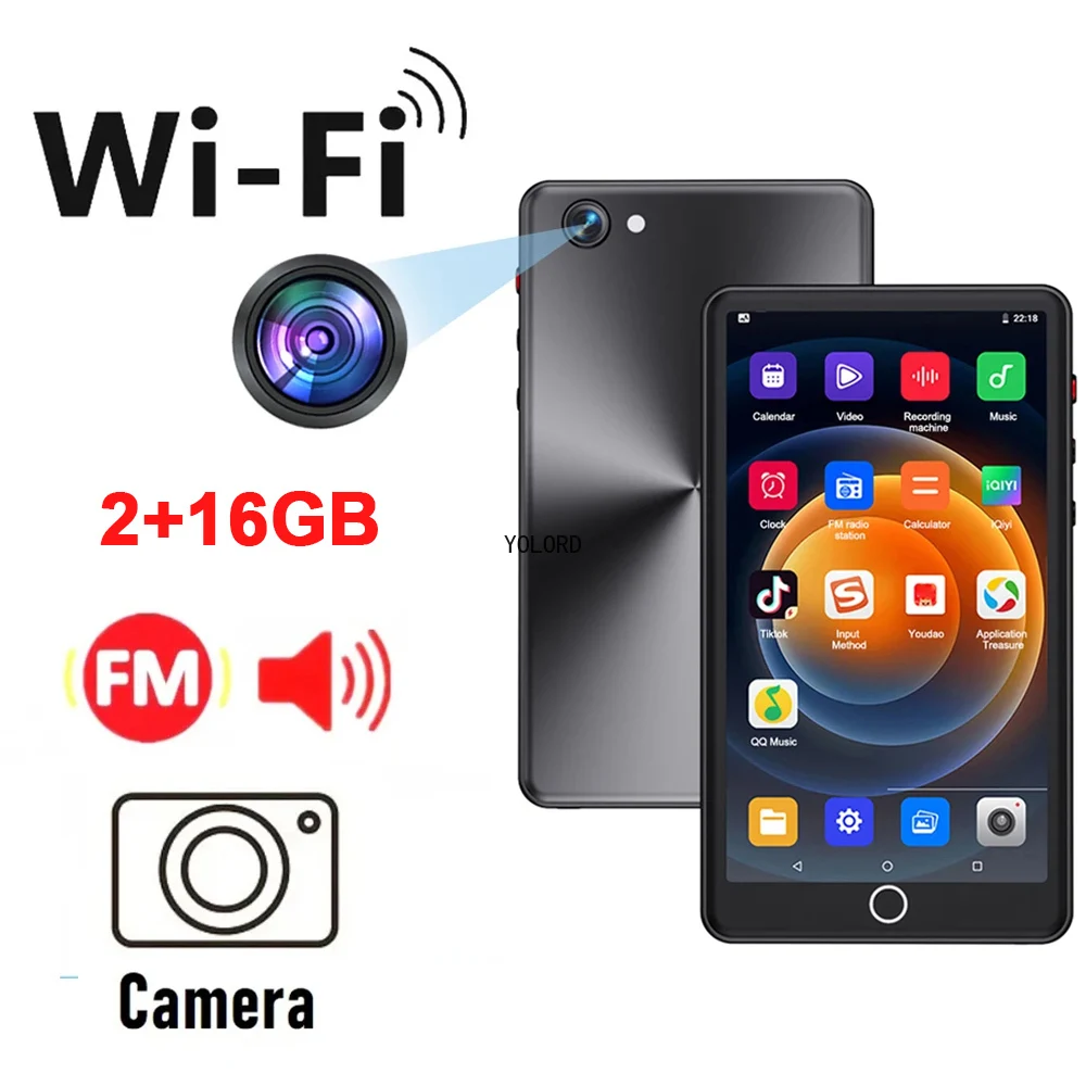 カメラ付きポータブルwifi mp4プレーヤー,16gメモリ,Bluetooth 5.0,フルタッチスクリーン,FMラジオ,Web,写真家,音楽プレーヤー