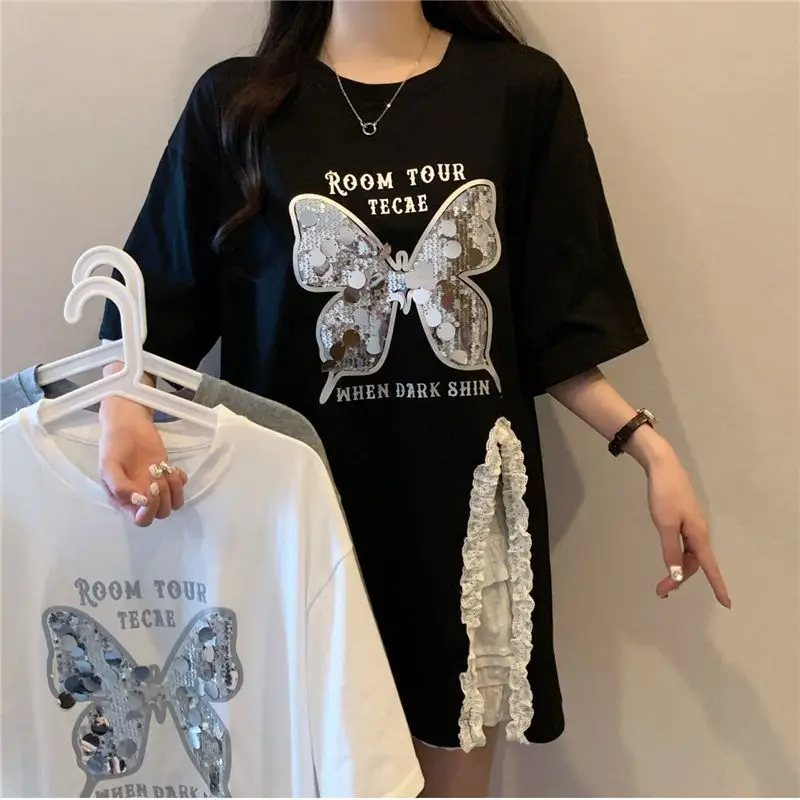 

Oversized Bow Lace Patchwork T-Shirts Women Clothing Casual Fashion Printing O-neck Short Sleeve Irregular Top Tee Femme Ruffles