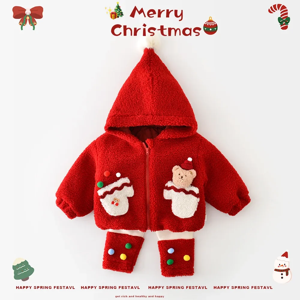 

New Christmas Baby Hooded Short Coat Red Pants Cute Bear Cartoon Boys Girls Winter Children Zipper Cardigan Clothes Warm Winter