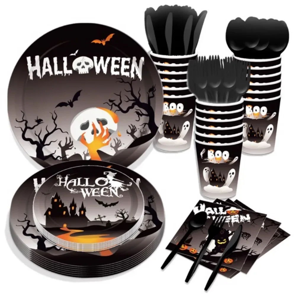 

Halloween Black Paper Plates Disposable Tableware Paper Plates Set Cup Dinnerware Party Cutlery Kits Serves 8 Guests for Plates