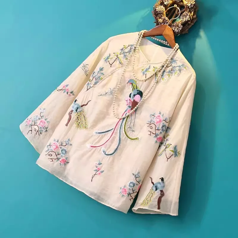 الأزهار المطرزة البلوزات النساء طويلة الأكمام خمر القمصان النمط الصيني الرجعية مشبك القمم