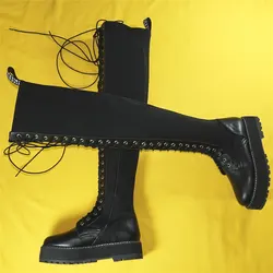 2025 Décolleté Scarpe da donna Stringate in tessuto elasticizzato piatto con stivali alti sopra il ginocchio Scarpe da ginnastica moda punta tonda femminile Scarpe casual